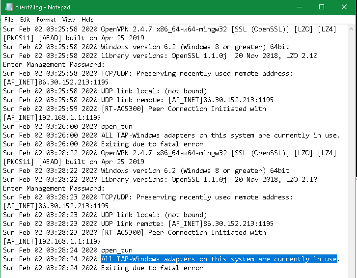 TAP error log